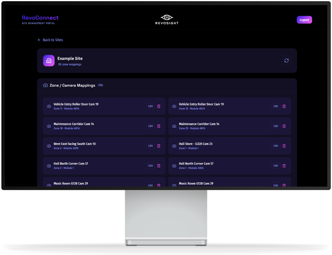 RevoConnect site management portal, zone to camera mappings