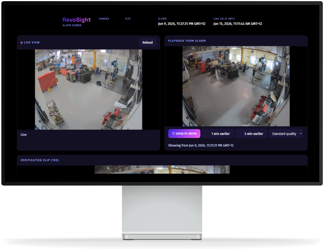 RevoSight alert viewer, live view and playback from alert